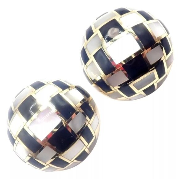 Tiffany & Co. Jewelry - Tiffany & Co Cummings 18k Gold Mother of Pearl Black Jade Checkerboard Earrings